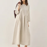 Vestido Maxi Plissado com Decote Bateau 100% Linho