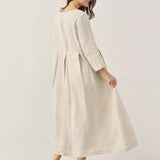 Vestido Maxi Plissado com Decote Bateau 100% Linho