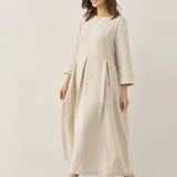 Vestido Maxi Plissado Gola Bateau 100% Linho ABIGAIL