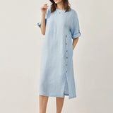100% Linen Round Neck Button Detail Midi Dress JELENA