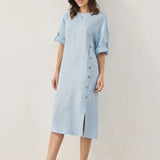 Vestido midi JELENA 100% linho gola redonda com botões