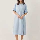 Vestido midi JELENA 100% linho gola redonda com botões