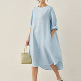Vestido Midi de Linho 100% com Decote Bateau BROOKE