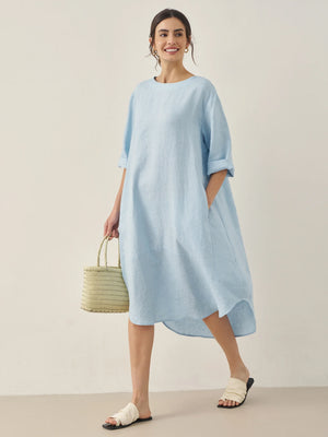 Vestido Midi de Linho 100% com Decote Bateau BROOKE