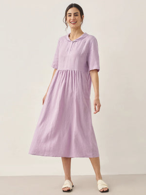 Vestido Comprido Pregueado de Linho 100% com Decote em V SUSAN