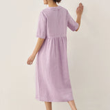 Vestido Comprido Pregueado de Linho 100% com Decote em V SUSAN