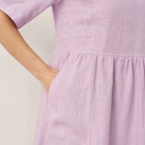 Vestido Comprido Pregueado de Linho 100% com Decote em V SUSAN