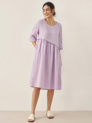 Vestido Midi YOLANDA 100% Linho com Pregas Assimétricas e Decote Redondo