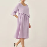 Vestido Midi YOLANDA 100% Linho com Pregas Assimétricas e Decote Redondo