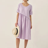 Vestido Midi YOLANDA 100% Linho com Pregas Assimétricas e Decote Redondo