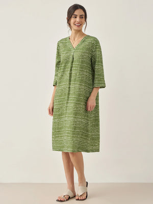 Vestido LIRA Midi com Decote em V e Bolinhas, 100% Linho