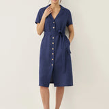 Vestido Camiseiro com Decote em V e Botões em 100% Linho EILEEN