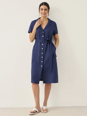 Vestido Camiseiro com Decote em V e Botões em 100% Linho EILEEN