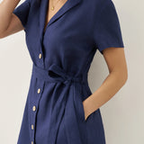 Vestido Camiseiro com Decote em V e Botões em 100% Linho EILEEN