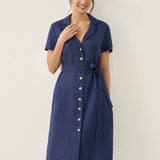 Vestido Camiseiro com Decote em V e Botões em 100% Linho EILEEN