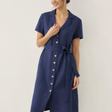 Vestido Camiseiro com Decote em V e Botões em 100% Linho EILEEN