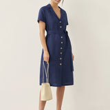 Vestido Camiseiro com Decote em V e Botões em 100% Linho EILEEN