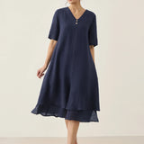 Vestido Midi JAYDA 100% Linho com Decote em V e Camada Dupla