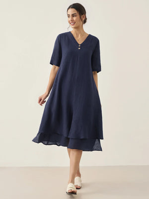 Vestido Midi JAYDA 100% Linho com Decote em V e Camada Dupla