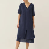 Vestido Midi JAYDA 100% Linho com Decote em V e Camada Dupla