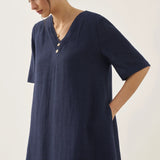 Vestido Midi JAYDA 100% Linho com Decote em V e Camada Dupla