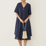 Vestido Midi JAYDA 100% Linho com Decote em V e Camada Dupla