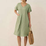Vestido Evasé com Decote em V e Bolsos 100% Linho AINSLEY