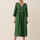 Vestido Maxi LUNA 100% Linho com Cintura Franzida e Botões de Ajuste