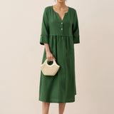 Vestido Comprido LUNA 100% Linho com Cintura Elástica e Pormenores Franzidos