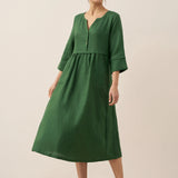 Vestido Maxi LUNA 100% Linho com Cintura Franzida e Botões de Ajuste