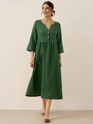 Vestido Comprido LUNA 100% Linho com Cintura Elástica e Pormenores Franzidos