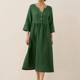 Vestido Maxi LUNA 100% Linho com Cintura Franzida e Botões de Ajuste
