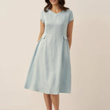 Vestido de verão ALEXA 100% linho natural com decote em V