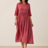 Vestido Midi JASMINE com Cordão e Cintura Plissada em Linho 100%