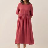 Vestido Midi JASMINE com Cordão e Cintura Plissada em Linho 100%
