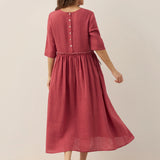 Vestido Midi JASMINE com Cordão e Cintura Plissada em Linho 100%