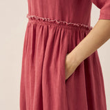 Vestido Midi JASMINE com Cordão e Cintura Plissada em Linho 100%