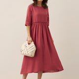 Vestido Midi JASMINE com Cordão e Cintura Plissada em Linho 100%