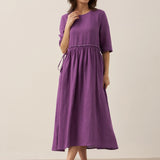Vestido Midi JASMINE com Cordão e Cintura Plissada em Linho 100%