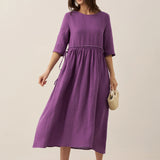 Vestido Midi JASMINE com Cordão e Cintura Plissada em Linho 100%