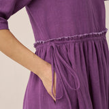 Vestido Midi JASMINE com Cordão e Cintura Plissada em Linho 100%