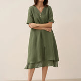 Vestido Midi JAYDA 100% Linho com Decote em V e Camada Dupla