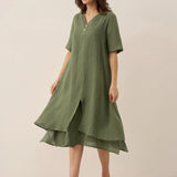 Vestido Midi JAYDA 100% Linho com Decote em V e Camada Dupla