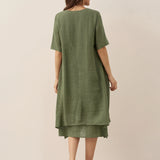 Vestido Midi JAYDA 100% Linho com Decote em V e Camada Dupla