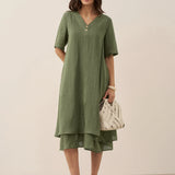 Vestido Midi JAYDA 100% Linho com Decote em V e Camada Dupla