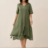 Vestido Midi JAYDA 100% Linho com Decote em V e Camada Dupla