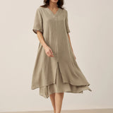 Vestido Midi JAYDA 100% Linho com Decote em V e Camada Dupla