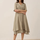 Vestido Midi JAYDA 100% Linho com Decote em V e Camada Dupla