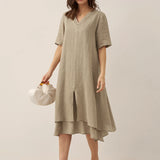 Vestido Midi JAYDA 100% Linho com Decote em V e Camada Dupla