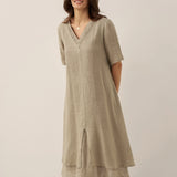 Vestido Midi JAYDA 100% Linho com Decote em V e Camada Dupla